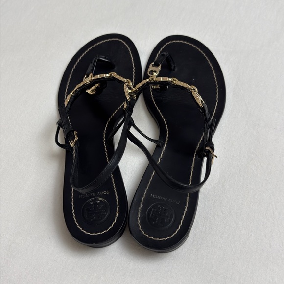 Tory Burch Gemini Black Leather Gold Chain Link Sandals Size 9 Classic Summer - Picture 4 of 9